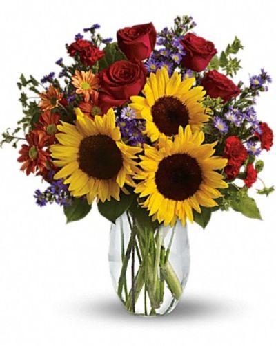 <div class="m-pdp-tabs-description">
<div id="mark-1" class="m-pdp-tabs-marketing-description">
<hr />
Pure happiness is what this pretty bouquet delivers - whether you're sending it for a fall birthday, Thanksgiving, thank you, or simply just because. Surely, no one can be in the presence of something so inherently happy and not smile.
</div>
</div>
<p id="arrngDescp">Sunny sunflowers, red roses and miniature carnations, bronze daisy spray chrysanthemums, large lavender monte cassino asters and autumn greens are beautifully arranged in a clear glass vase.</p>